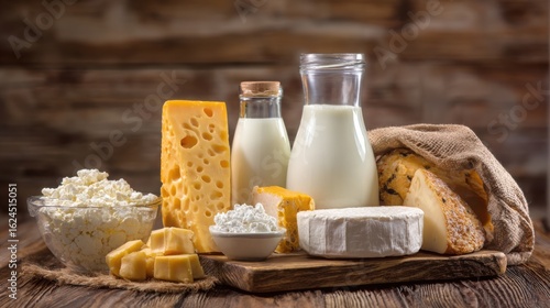 An assortment of dairy products arranged on a wooden table in a rustic kitchen.
