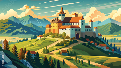 Majestic Spis Castle stands tall, overlooking the scenic Slovak countryside bathed in golden light. Stone walls, medieval towers, and winding trails blend with rolling green hills and whispering wildf