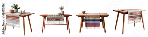 Set of Wooden Side Tables with Colorful Runners. Ethnic Style Decor Isolated on White.