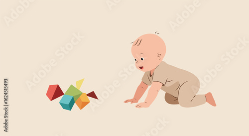 Baby crawls towards colorful blocks on floor. Concept of early childhood development