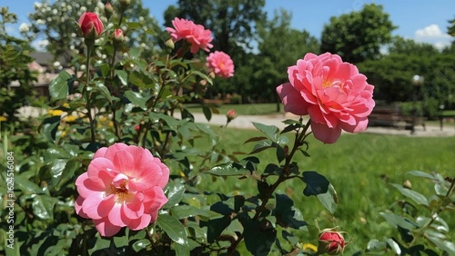 Wallpaper Mural Radiant rose blooms surrounded by rich green plants in a bright summer setting Torontodigital.ca