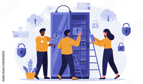 Three people working on a server rack with cloud and lock icons data center technology