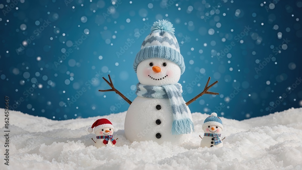 Fototapeta premium Two small toys showcase a tiny snowman dressed in cozy hats and scarves amid pristine snow under a stunning blue and white sky. Happy Holidays and a joyful New Year!