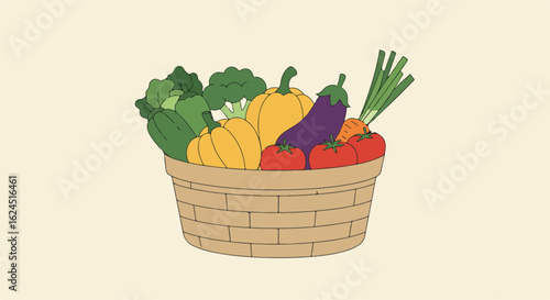 Fresh vegetables fill a wicker basket for healthy eating on a plain background