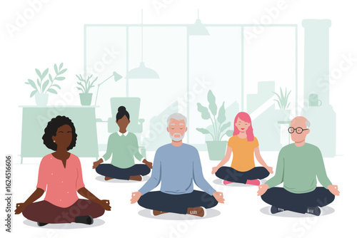 Diverse group of people meditating peacefully in an office setting with plants and natural light