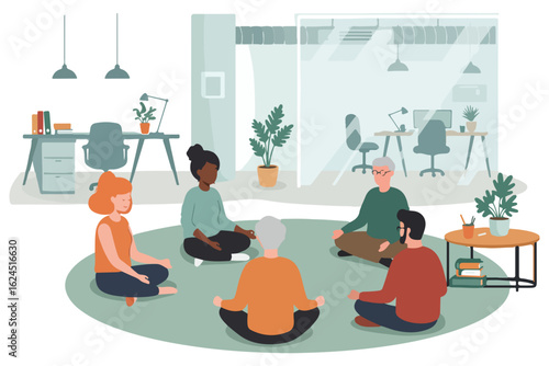 Diverse group of people meditating in a modern office setting with plants and desks meditation
