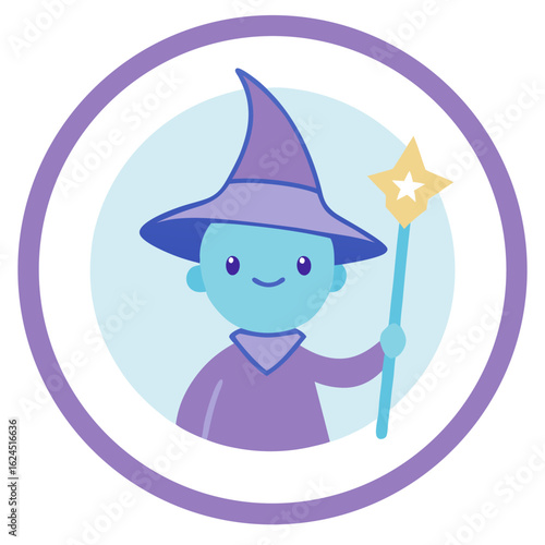 Whimsical Sorcerer with Glowing Wand in Pastel Cartoon Emblem