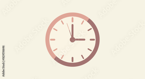 Rose-colored clock shows almost noon, against a blank wall, for reminders