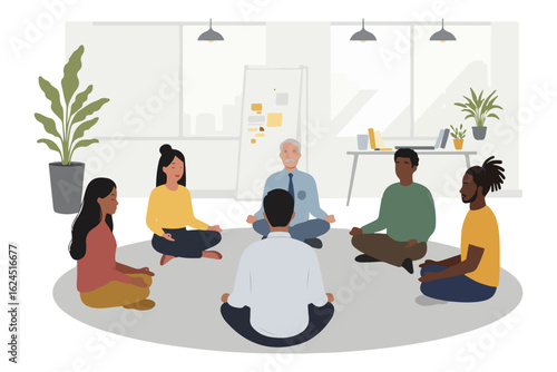 Diverse group of people meditating together in a bright office setting with plants and whiteboard