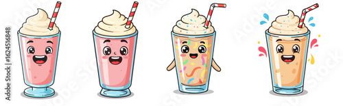 Four cute cartoon milkshakes with happy faces and straws on a white background drink beverage