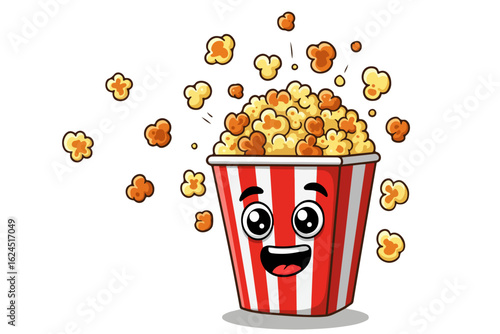 Happy cartoon popcorn bucket with flying kernels on transparent background smiling