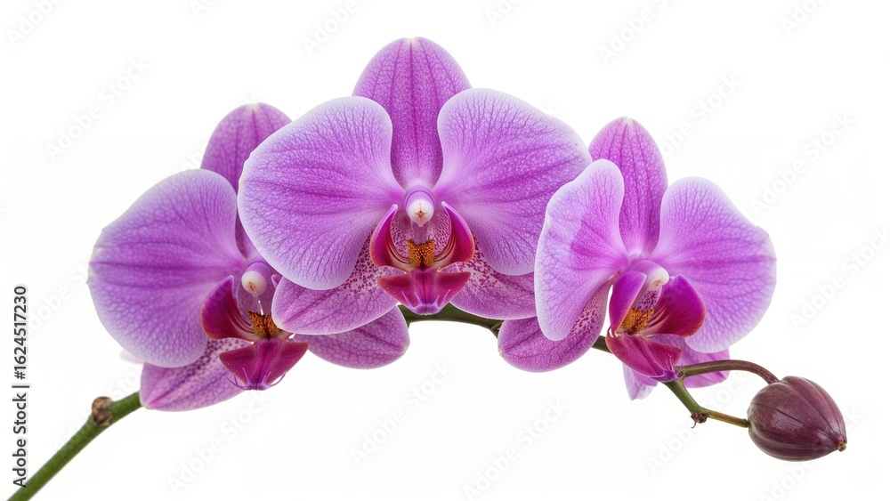 Isolated white background showcasing close-up of orchid flowers in violet, mauve, and blue tones from the Phalaenopsis family. Isolated white background showcasing close-up of orchid flowers in violet, mauve, and blue tones from the Phalaenopsis family.