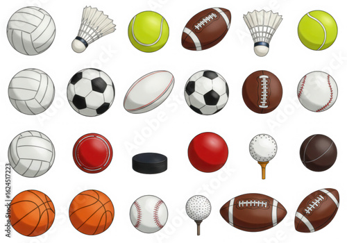 Collection of various sports balls and equipment isolated on a transparent background