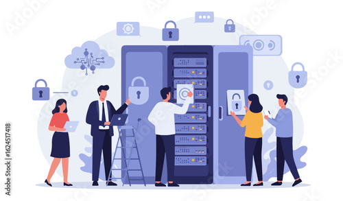 People working on servers with security locks and cloud icons server room data center