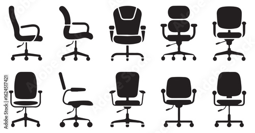 Set of Black Silhouette Icons of Office Chairs for Business and Work