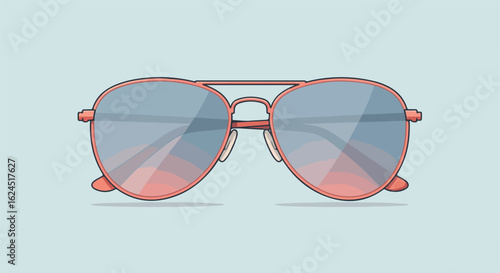 Sunglasses lie flat on a blue surface with a faint shadow underneath; simple, vector design