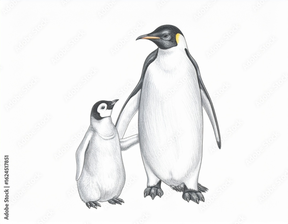 Fototapeta premium Emperor Penguin and Chick Pencil Drawing, Illustration of Wildlife