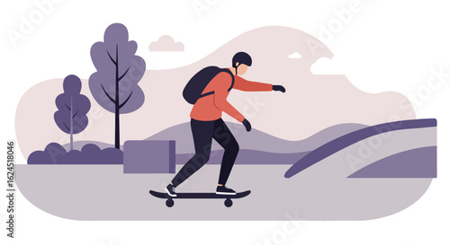 Illustrated person skateboarding in park with trees and hills backdrop