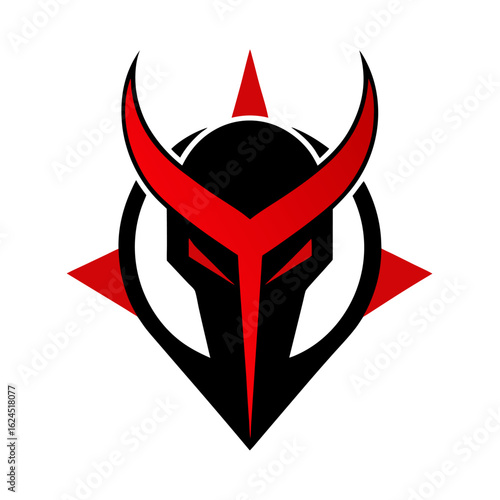 Minimal Red Helmet Logo with Horns in Symmetrical Deep Red Composition