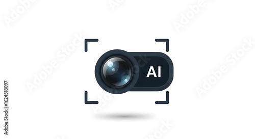 A stylized ai camera icon with focus brackets and a lens on a white background with a drop shadow
