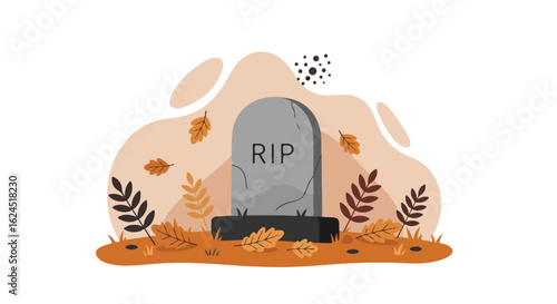 Graveyard tombstone memorial amid falling autumn leaves; background is neutral