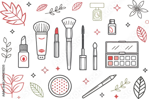 Makeup brushes lipstick foundation palette eyeshadow blush mascara applicator and decorative elements