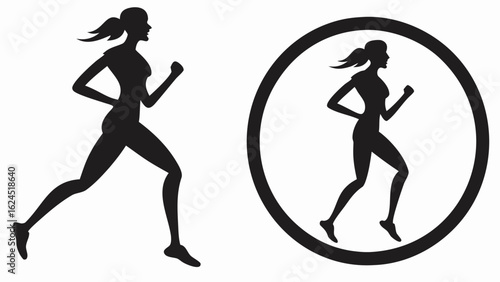 Silhouette of a woman running with ponytail and another running silhouette inside a circle frame design