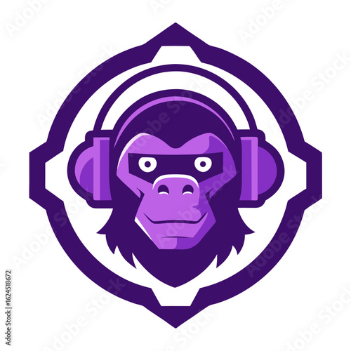 Neon-Themed Purple Monkey in Gaming Headset with Smirk and Circuit Badge Design