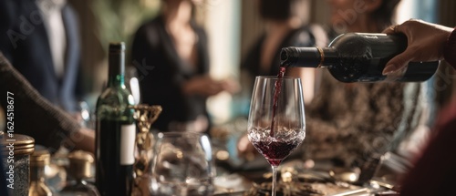 The exquisite pouring of red wine into a glass at a social gathering.