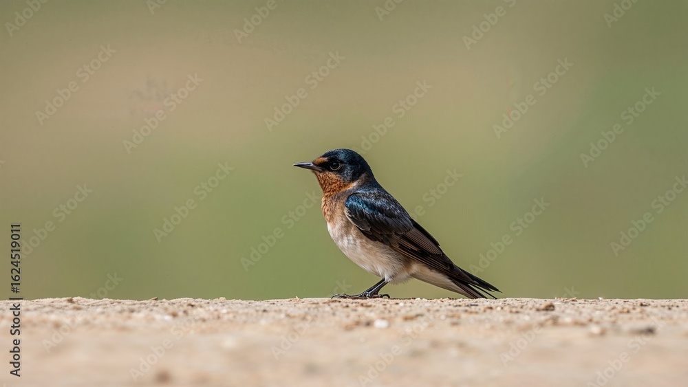 Fototapeta premium Swallow with Distinct Collar Poised on Ground, Vigilant in Its Wild Environment