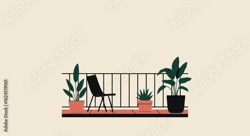 Apartment balcony with chair and plants, neutral background, for home decor blogs