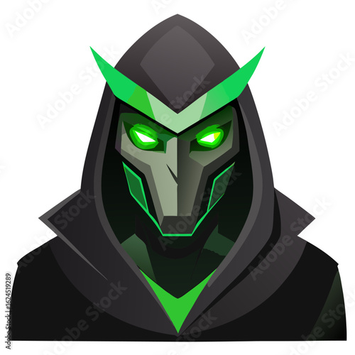 Hooded Assassin with Glowing Eyes and Angular Shadows for Sleek Vector Appeal