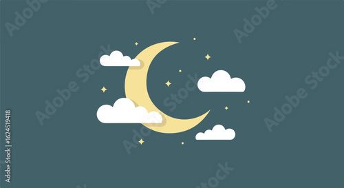Crescent moon between clouds and stars on dark backdrop for children's illustration