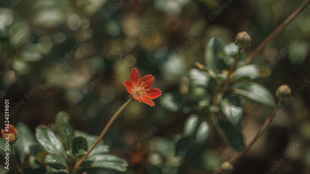 Obraz premium Red blossom out of focus with a natural backdrop