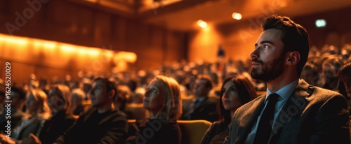 The audience captivated by a speaker during an engaging presentation in a theater.