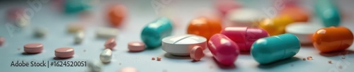 Macro shot of colorful antibiotic pills; shallow depth of field, isolated, treatment, drug resistance, colorful