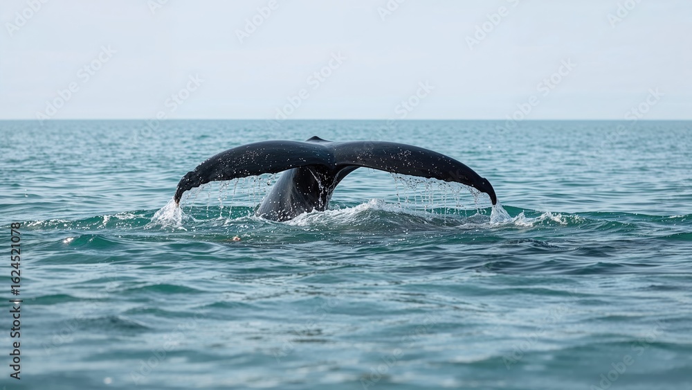 Fototapeta premium Massive whale fluke emerging from cold ocean