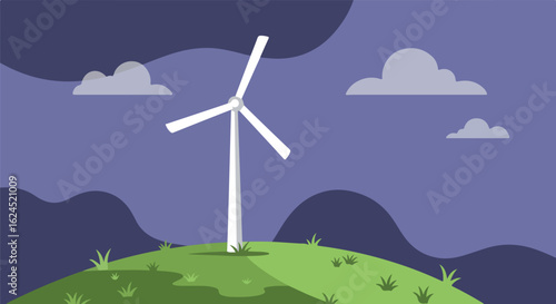 Wind turbine spins atop green hill, generating energy with cloudy sky backdrop