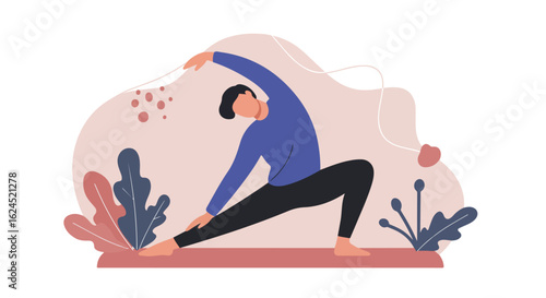 Girl stretching in yoga pose indoors, pink background, art illustration use