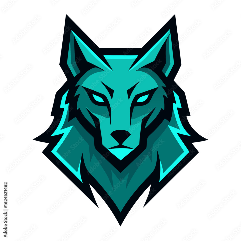 Fototapeta premium Glitch-Themed Wolf Mascot with Teal Glow and Sharp Lines for Cyber-Wolf Team Badge