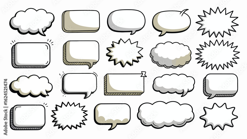 Obraz premium A playful and clean EPS vector illustration set of hand-drawn speech bubbles and doodle-style frames, featuring a variety of quirky, minimal, and stylish bubble shapes in a sketchy, handwritten line 
