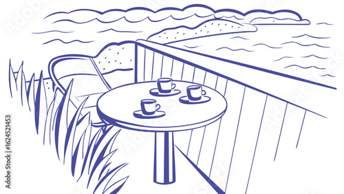 A scenic view of a table with three cups on a balcony overlooking the sea and distant island shore