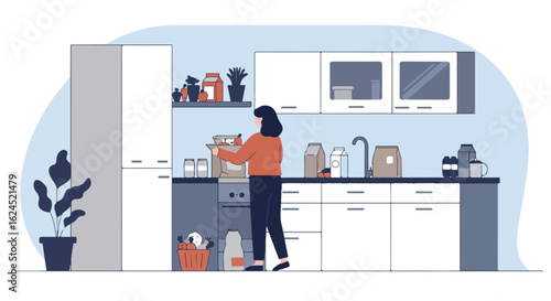Woman unpacking groceries from bag in kitchen with cabinets and plants. Use cooking blog