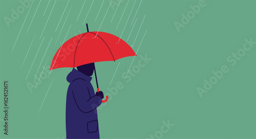 Person with red umbrella in rain, flat design for weather forecasts or personal blogs