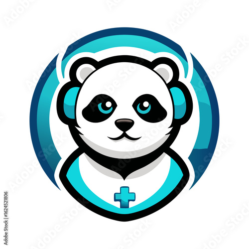 Friendly Panda Gamer with Headset and Glowing Emblem in Soft Blue Vector Team Layout