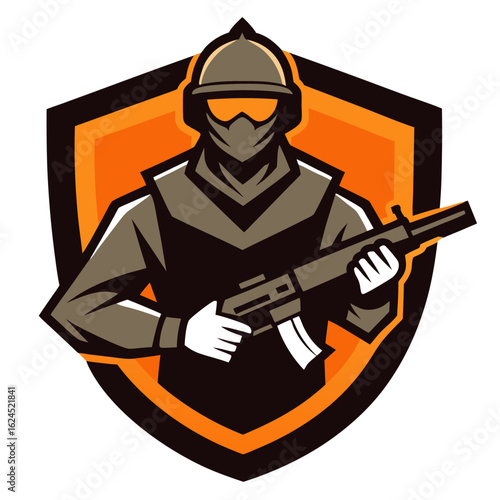 Tactical Soldier Mascot with Rifle in Sharp-Edged Badge and Orange Highlights for Military Team Branding