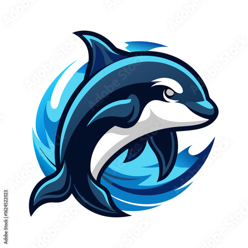 Modern Killer Whale Icon in Aggressive Pose with Abstract Waves for Competitive Branding