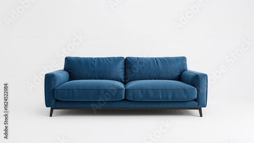 Cozy blue couch made of fabric against a plain white backdrop, seen from the front.