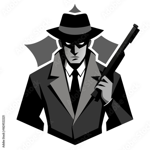 Gangster Figure with Shotgun and Fedora in Noir-Style Grayscale Vector Emblem