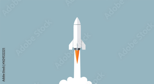 Flat design rocket launching with smoke trail on light blue background, for new ventures